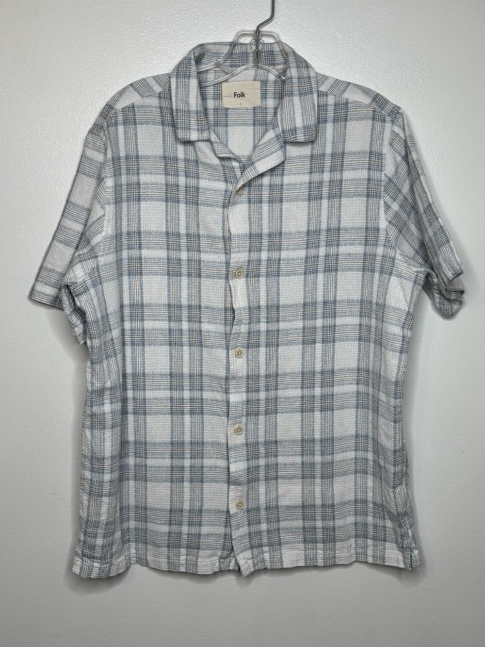 Folk Short Sleeve Button-Up Shirt in White and Gray Plaid